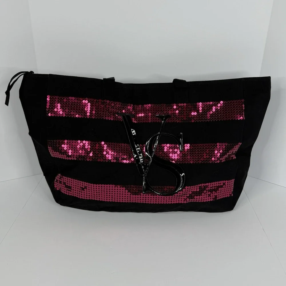 Victoria's Secret VS Logo Black Pink Striped Sequin Tote Travel Bag NWT